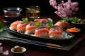 Elegant Sushi Banquet: Variety of fish, rice, textured details, intimate environment., generative IA