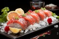 Elegant sushi roll topped with fresh salmon, roe, and garnish on a sleek black plate