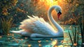 Elegant swan gliding on sunset-lit pond surrounded by nature's beauty Royalty Free Stock Photo