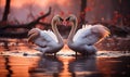 Elegant Swans Engaging in a Courtship Dance on a Serene Lake at Twilight a Symbol of Love and Grace