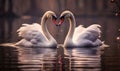 Elegant Swans Engaging in a Courtship Dance on a Serene Lake at Twilight a Symbol of Love and Grace