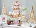 Elegant sweet table with big cake and macaroon