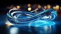 Elegant swirling glass structure with a shimmering blue glow on a bokeh backdrop.
