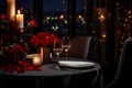 Elegant table with a bouquet of roses for a passionate evening meal. Valentines Day,