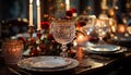 Elegant table, candlelit celebration, wineglass, Christmas decoration, cozy home generated by AI