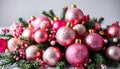 Elegant Table DÃ©cor: A holiday table setup featuring shiny light pink ornaments scattered. Royalty Free Stock Photo