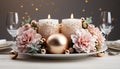 Elegant table decor candlelight, flowers, wood, vase, wine, romance generated by AI Royalty Free Stock Photo