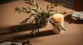 Elegant Table Setting with Candle and Olive Branch Royalty Free Stock Photo