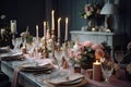 Elegant table setting with candles, flowers, and cutlery, A beautifully decorated dining table with wedding decor and centerpieces