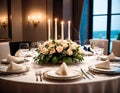 Elegant table setting with candles and flowers in restaurant, closeup Royalty Free Stock Photo