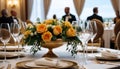 Elegant table setting with candles and flowers in restaurant, closeup Royalty Free Stock Photo