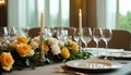 Elegant table setting with candles and flowers in restaurant, closeup Royalty Free Stock Photo