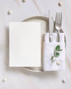 Elegant Table setting with a card decorated with eucalyptus branches top view, Wedding mockup Royalty Free Stock Photo