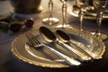 Elegant table setting, complete with knife, fork, spoon, and plate Royalty Free Stock Photo