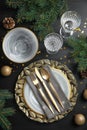 Elegant table setting on dark background, top view Royalty Free Stock Photo