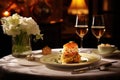 elegant table setting featuring crab cakes as appetizer