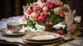 An Elegant Table Setting with Fine China, Silverware, and a Bouquet of Flowers AI Generated Royalty Free Stock Photo