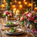 Elegant Table Setting with Flowers Candles and Wine Glasses for a Romantic Dinner image photo Royalty Free Stock Photo
