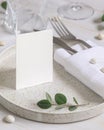 Table setting with folded card decorated with eucalyptus branches close up, Wedding mockup Royalty Free Stock Photo