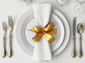 Elegant table setting with golden bow, white plates and cutlery. 3d render Generative AI