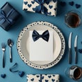 Elegant table setting with heart themed decor for a romantic dinner on a blue background Royalty Free Stock Photo