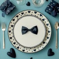 Elegant table setting with heart themed decor for a romantic dinner on a blue background Royalty Free Stock Photo