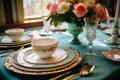 Elegant table setting with plates, cups, glasses, and fresh flowers for dining decor Royalty Free Stock Photo