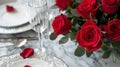 Elegant table setting with red roses, crystal glassware, for romantic dinners. classic style. perfect for valentine