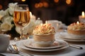 Elegant table setting in restaurant. Selective focus. Table set for an event party or wedding reception. Royalty Free Stock Photo