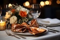 Elegant table setting in restaurant. Selective focus. Table set for an event party or wedding reception. Royalty Free Stock Photo