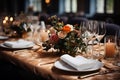 Elegant table setting in restaurant. Selective focus. Table set for an event party or wedding reception. Royalty Free Stock Photo