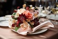 Elegant table setting in restaurant. Selective focus. Table set for an event party or wedding reception. Royalty Free Stock Photo