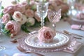 Elegant Table Setting for Romantic Dinner with Pink Roses, Crystal Glassware, and Fine China Royalty Free Stock Photo