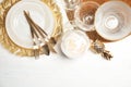 Elegant table setting and space for text on light background Royalty Free Stock Photo