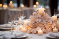 Elegant table setting in white beige tones ready for the arrival of guests. Table set for an event party or wedding reception. Royalty Free Stock Photo