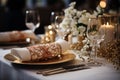 Elegant table setting in white beige tones ready for the arrival of guests. Table set for an event party or wedding reception. Royalty Free Stock Photo