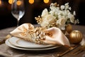 Elegant table setting in white beige tones ready for the arrival of guests. Table set for an event party or wedding reception. Royalty Free Stock Photo