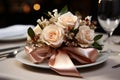 Elegant table setting in white beige tones ready for the arrival of guests. Table set for an event party or wedding reception. Royalty Free Stock Photo