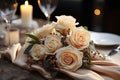 Elegant table setting in white beige tones ready for the arrival of guests. Table set for an event party or wedding reception. Royalty Free Stock Photo