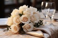 Elegant table setting in white beige tones ready for the arrival of guests. Table set for an event party or wedding reception. Royalty Free Stock Photo