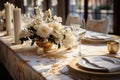 Elegant table setting in white beige tones ready for the arrival of guests. Table set for an event party or wedding reception. Royalty Free Stock Photo