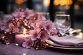 Elegant table setting in white and pink tones ready for the arrival of guests. Table set for an event party or wedding reception. Royalty Free Stock Photo
