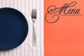 Elegant table setting and word menu on background, flat lay. Space for text Royalty Free Stock Photo