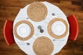 Elegant Table Setting with Woven Placemats and Red Chairs