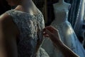 In an elegant tailor shop, a client undergoes a couture fitting for a custom gown, AI generated