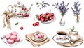 Elegant tea set with cherries, macarons, and lavender for a cozy afternoon Royalty Free Stock Photo