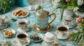 Elegant Tea Set Display with Decorative Flowers and Assorted Sweets on a Beautiful Tablecloth Royalty Free Stock Photo