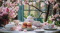 Elegant tea set with pastel macarons on a table, surrounded by blooming pink cherry blossoms. Vintage afternoon tea party concept