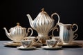 elegant tea set with vintage cups, saucers, and teapot