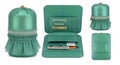 Elegant teal green pouch and wallet set displayed from multiple angles for luxury accessory concept Royalty Free Stock Photo